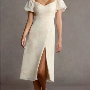 Azazie Cream Midi Dress with Puff Sleeves